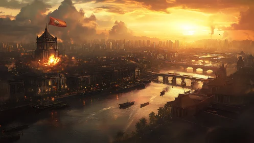 Burning imperial citadel dominates a sunset river metropolis.