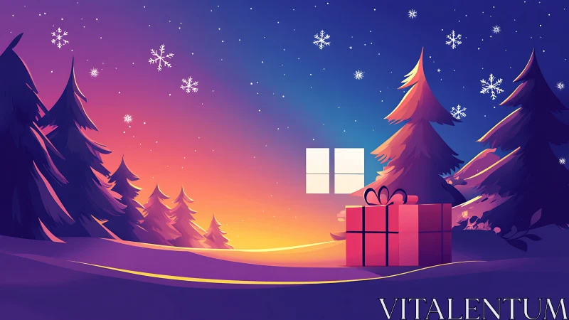 Snowy forest sunrise casts glow behind gift and window