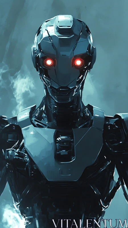 Cold combat android stares forward with glowing red eyes