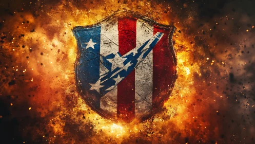 Weathered patriotic shield emblem surrounded by explosive fire