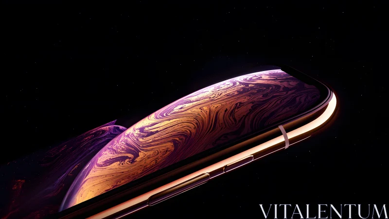 Modern smartphone with cosmic swirls in a sleek, futuristic style.