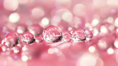 Macro droplets on pink surface with luminous bokeh highlights.