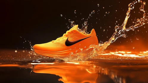 Orange running shoe slices water with dynamic splash lighting.