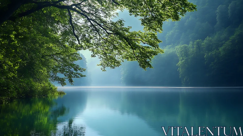 Serene misty forest lake with overhanging foliage and reflections