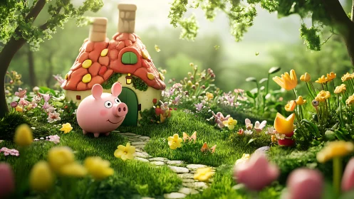 Smiling pig explores whimsical cottage garden at sunrise.