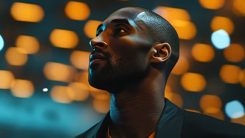 Moody portrait of determined man under warm city lights.