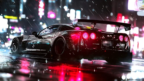 Cyberpunk street racer in neon-soaked night rain composition.