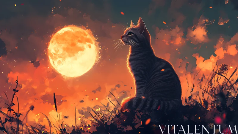 Black Cat Silhouette Against Luminous Moon.