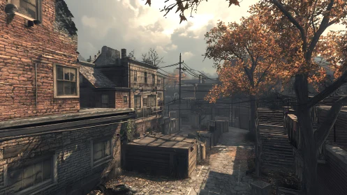 Old brick alleyway with autumn trees and overhead cables.