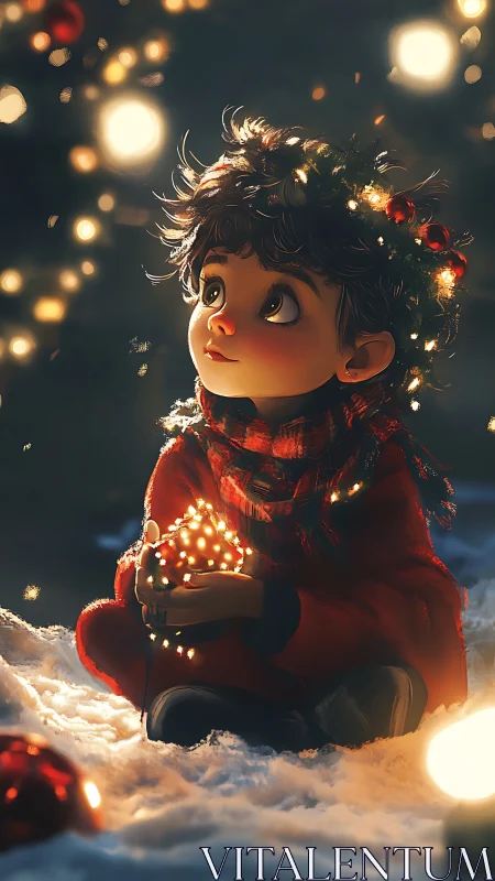Child in winter night holding glowing Christmas lights softly.