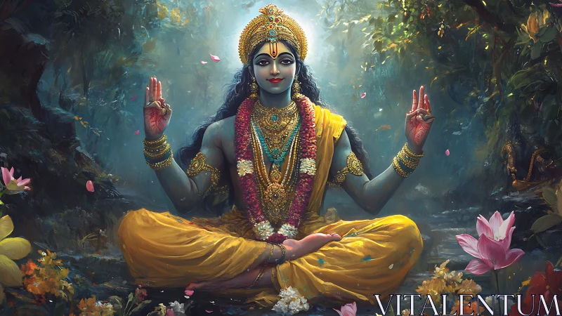 Seated blue-skinned figure in lotus pose amid dense foliage.