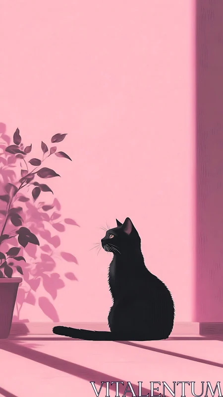 Black Cat in Pink Interior with Potted Plant.