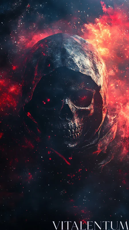 Hooded skeletal wraith emerging through incandescent nebular fire.