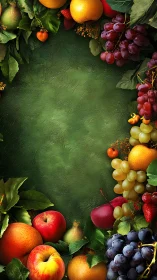 Symmetrical fruit border framing textured green background field