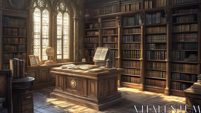 Sunlit Scholar’s Library Sanctum of Dusty Golden Tomes.