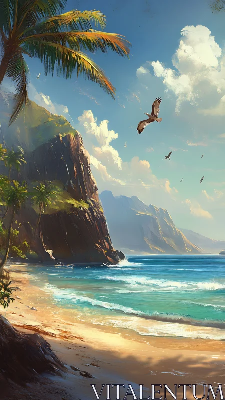 Tropical coastline with cliff formations and bird subjects in aerial space.