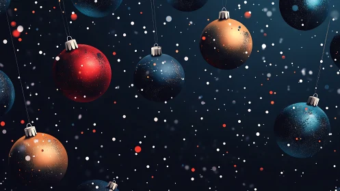 Glittering Christmas baubles drift in a softly falling snowfall.