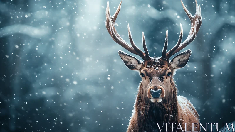 Majestic winter stag stands calm amid softly falling snow
