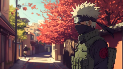 Masked anime ninja walking quiet autumn city street.
