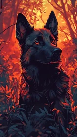 Black shepherd dog watches forest glow in vivid sunset light