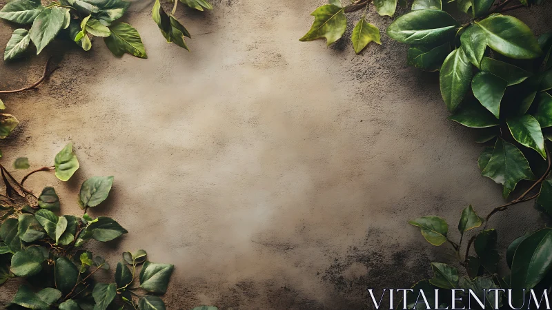 Botanical foliage frame encircling textured plaster wall surface.