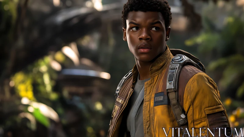 Young space explorer pauses in a lush, mysterious jungle.