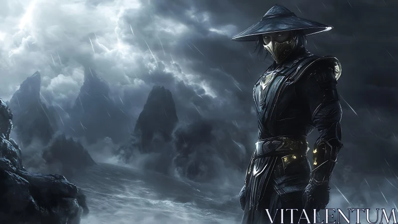 Storm-bound armored sentinel in rain-soaked coastal void.