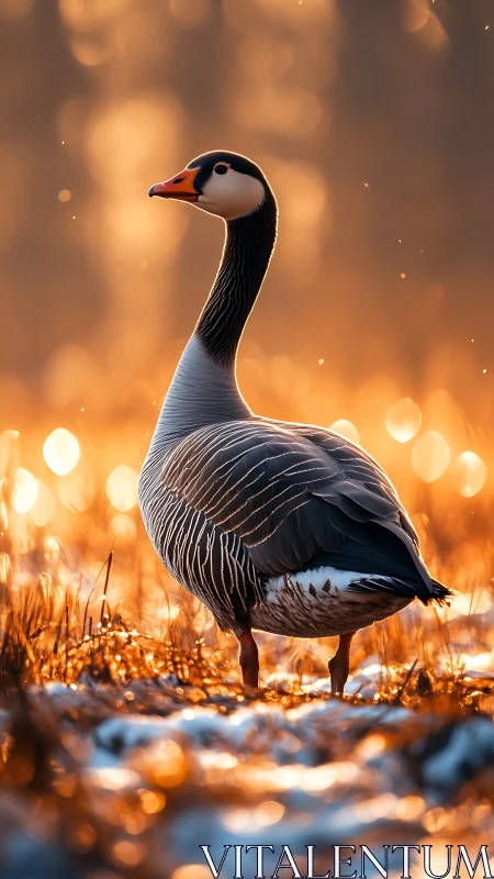 Golden evening light wraps a graceful goose in gentle glow