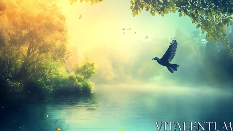 Serene lake at sunrise with flying bird in dreamy, soft-focus style.