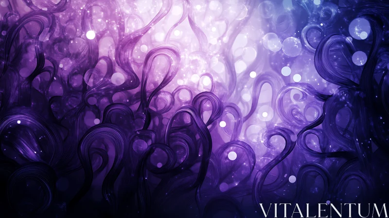 Curved purple filaments with light orbs on gradient field.