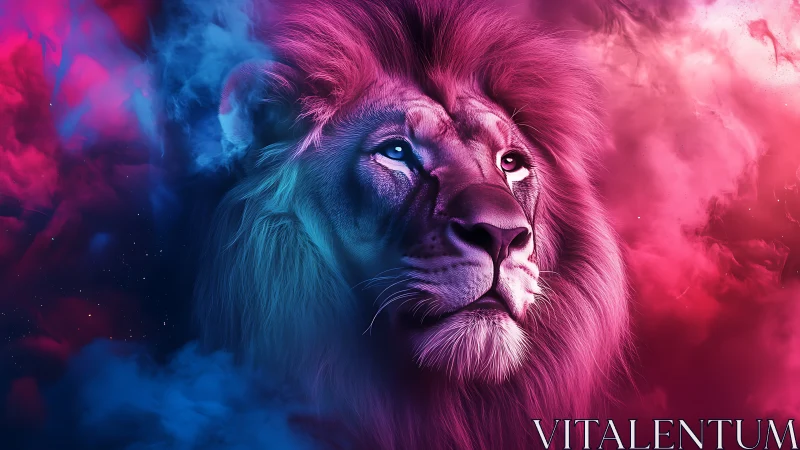 Bicolor nebular lion portrait in high-saturation digital chroma.