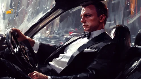 Suited man driving through rainy city at night in car.