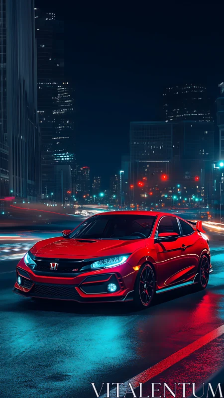 Cyberpunk nightscape with red sports coupe and neon reflections.