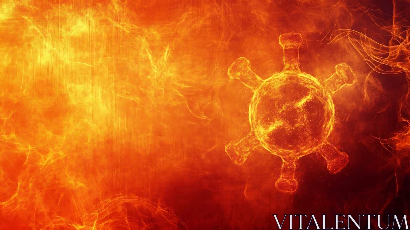 Viral particle rendered against orange and red electromagnetic field background.