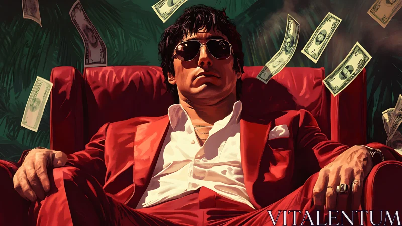 Man in red suit lounging amid flying dollar bills.