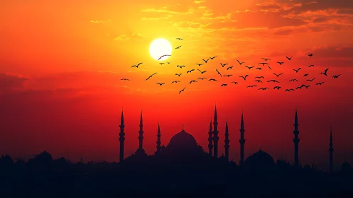 Sunset illuminates mosque silhouettes and distant bird flock