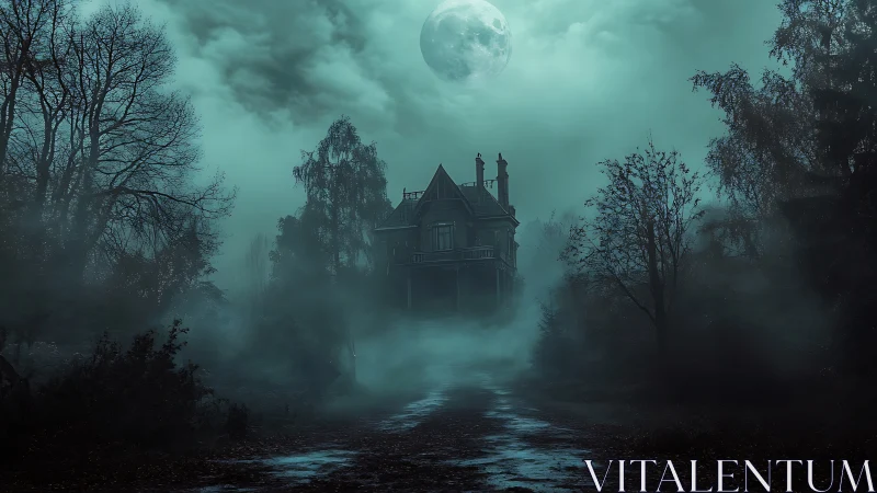 Lunar-lit Victorian manor in volumetric nocturnal fogscape.
