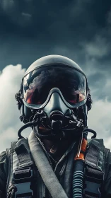 Aeronautical pilot portrait with reflective visor and respirator.