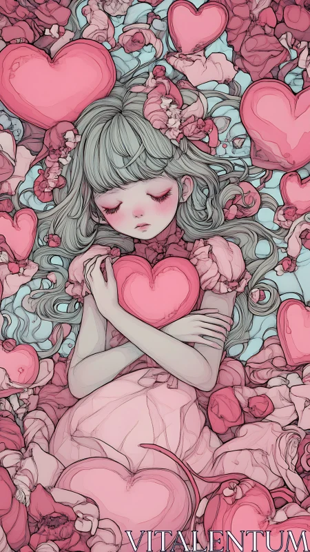Ethereal Figure with Graphic Heart Iconography in Pastel Illustration