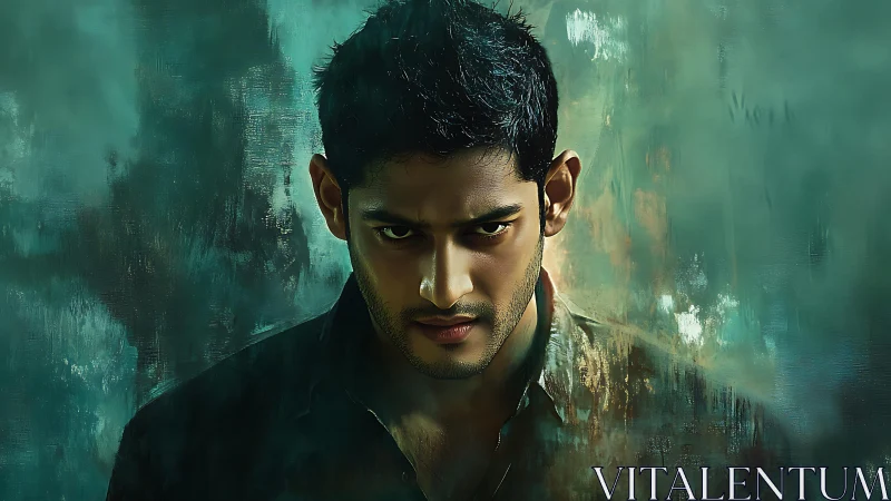 Intense male portrait emerges from stormy teal haze