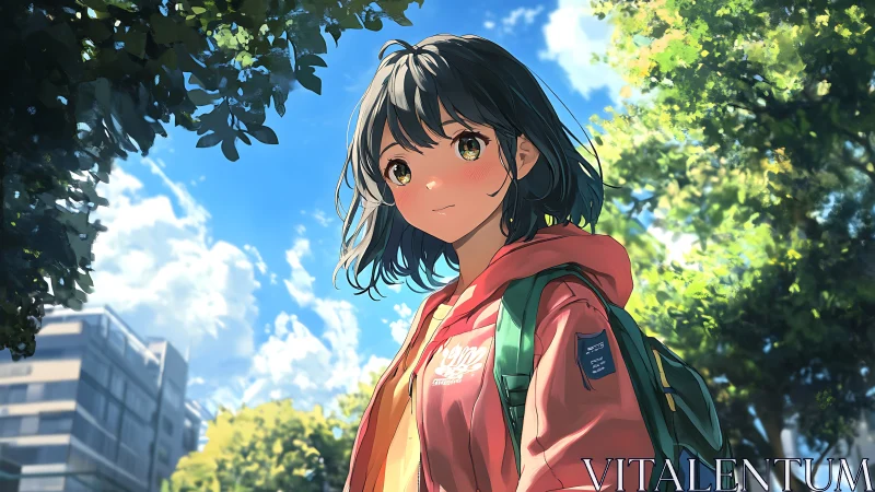 Anime schoolgirl in pink hoodie walking under bright sky.
