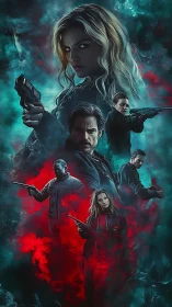 Armed vigilante group in moody teal and red smoke poster.