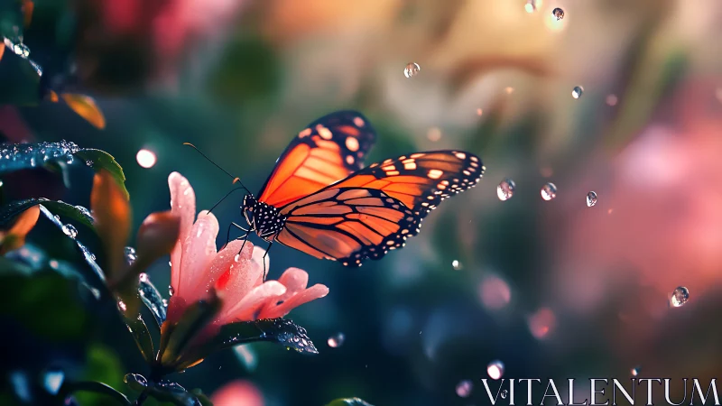 Monarch butterfly rests on dew-kissed blossom at dawn.