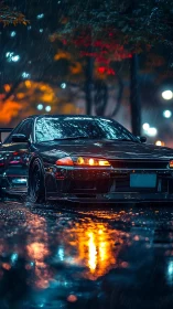 Modified sports car in rainy neon city street scene.