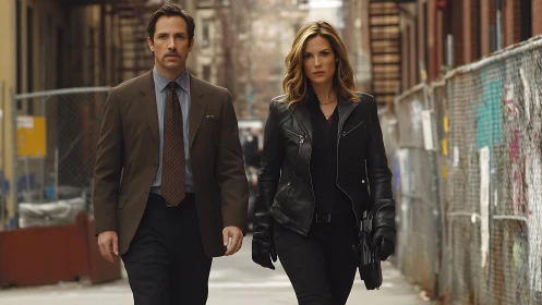 Urban detectives stride through gritty chain-link alleyway.