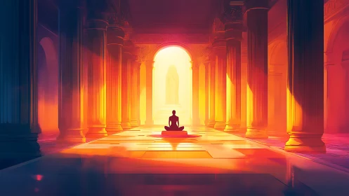 Solitary figure seated in illuminated columned hall interior.