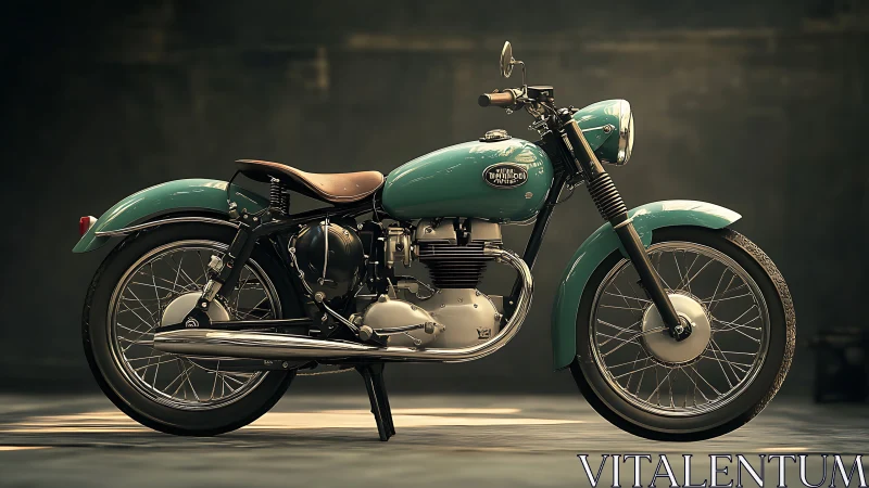 Side view of teal classic motorcycle in studio lighting.