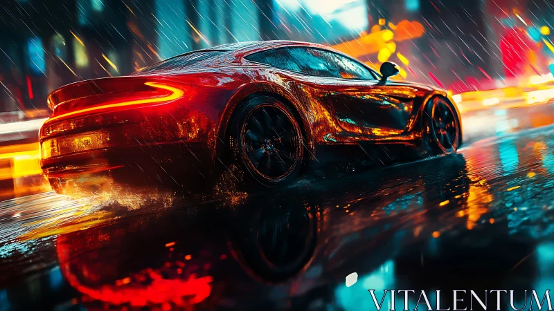 Cyberpunk supercar in neon rain with dynamic reflections.