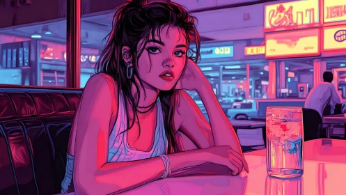 Neon-soaked diner reverie with pensive night owl muse.