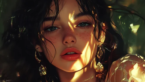 Sunlit freckles frame an enigmatic digital portrait gaze.